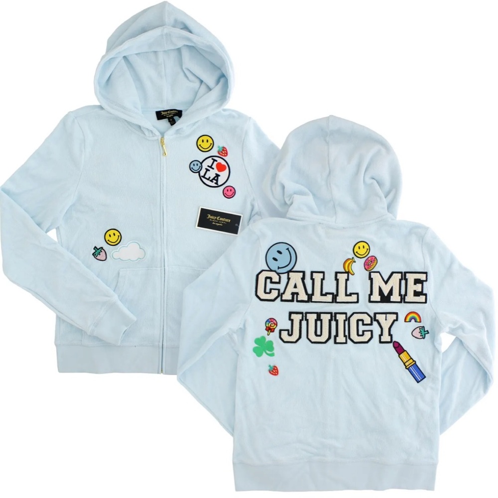 $168 Juicy Couture XS Patch Terrycloth Zip Up Hoodie Robertson Jacket Embroidery